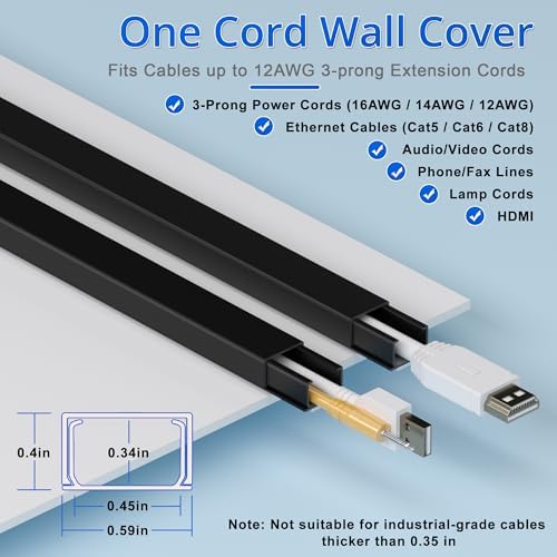 ZhiYo 68" Cord Hider for 1 Cable, Small Black Wire Covers, 0.6" W x 0.4" H - Image 2