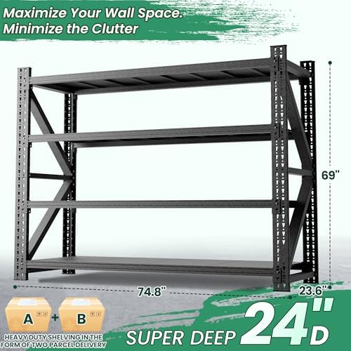 4-Tier Heavy Duty Garage Shelving,Industrial Shelving for Commercial & Home Use,Garage Storage Racks Heavy Duty Steel Shelves,Ultra-Wide Metal Rack for 3‑Car Garages,Warehouses,Workshops - Image 3