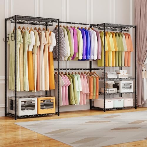 ecobedding Heavy Duty Garment Rack, 900LBS Max Load Freestanding Closet Organizer with 6 Storage Shelves & 3 Adjustable Hanging Rods, Multifunctional, Glossy Black, 15.75" D x 70-88.5" W x 76.5" H - Image 3