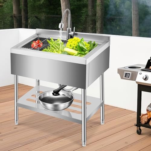 GarveeTech 35 in Freestanding Stainless Steel Utility Sink with Pull-Out Faucet, Adjustable Height Laundry Tub with Hot & Cold Water, Basket, Shelf & Drain Kit for Kitchen, Garage, Outdoor, Basement - Image 7