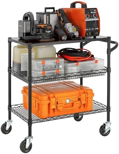 Finnhomy 3 Tier Heavy Duty Commercial Grade Utility Cart with Wood Top, Wire Rolling Cart with Wheels and Handle Bar, Kitchen Carts on Wheels, Metal Cart with 600 LBS Capacity, Black - Image 2