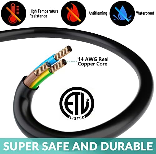 Outdoor Extension Cord 12 Ft with 3 Outlets, 14/3 SJTW 3 Prong Grounded Power Cord, 14 Gauge 14AWG Heavy Duty Power Cable, ETL Listed, 15 Amp 125 V 1875 W-Multiple Outlets for Indoor/Outdoor-Black - Image 3
