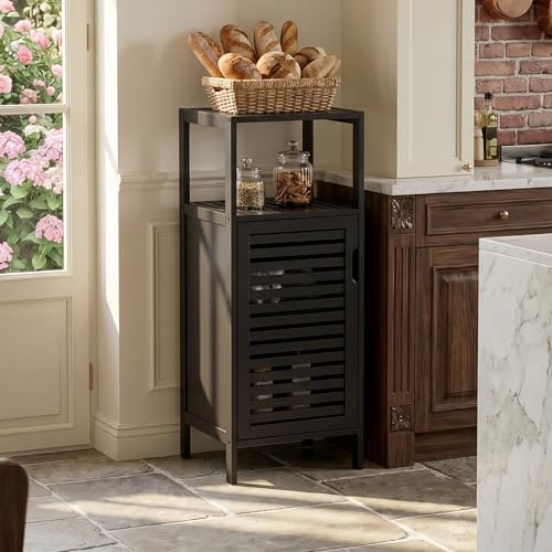 HITNET Bamboo Floor Cabinet, Small Bathroom Cabinet Floor Standing, 4 Tier Narrow Side Storage Cabinet, Space Saving Kitchen Cupboard with Single Door, Black - Image 2