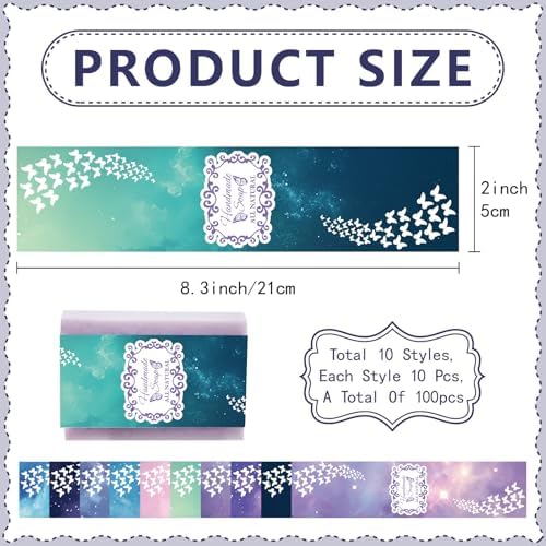 CREATCABIN 100 Pcs Soap Wrapper 10 Styles Starry Sky Art Soap Paper Wrap Tape Vertical Soap Tag Sleeves Covers Band Label Packaging Supplies for Handmade Soap Bars Gift Wrapping 2 x 8.3 Inch - Image 2