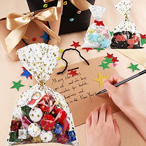 100 Pcs Star Printed 5"X 11" Gift Wrap Cello Cellophane Treat Bags Party Favor bags Clear Candy Cookie Bags Plastic Poly Goodie Storage Bags with Twist Ties for Bakery,Birthday, Wedding ,Party Decorations (Gold) - Image 5