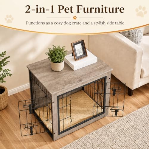 Yaheetech 27.5in Wooden Dog Crate Furniture w/Cushion for Small Dogs, Gray - Image 2