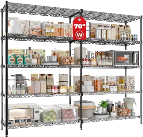 70" W Storage Shelves 1430 LBS Heavy Duty Wire Shelving, 5 Tier Adjustable Metal Garage Shelving, Pantry Kitchen Storage Rack with Liners, DIY L-Shaped Corner Shelf, 70" W x 16" D x 72" H by RackBro