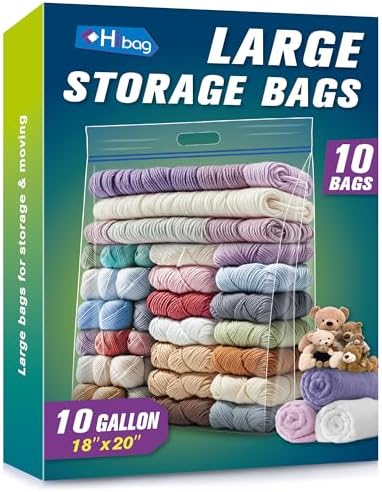 HIBAG 10 Gallon Large Storage Bags, 18” x 20” Resealable Clear Bags with Handle, Extra Large XL Heavy Duty for Clothes Pillow Travel Moving, Pack of 10 by HIBAG