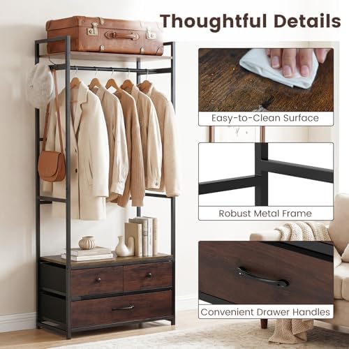 Tangkula Freestanding Small Clothes Rack, Heavy Duty Coat Rack with Drawers, Shelves, Hooks & Hanging Rod, Metal Closet Organizer Garment Rack, Industrial Hall Tree for Entryway, Hallway, Bedroom - Image 7
