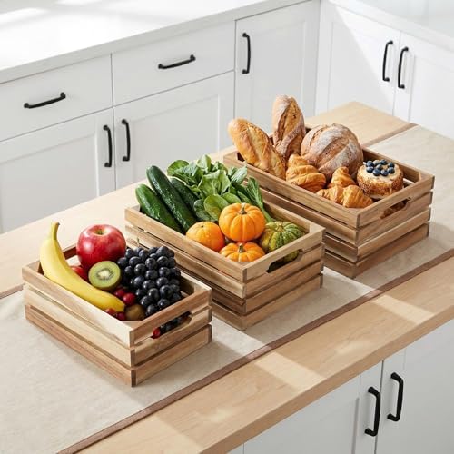 VICTORY RELAX Nesting Wood Storage Crates (Set of 3) - Light Natural Acacia Wood Stackable Wooden Boxes for Storage & Organization - Decorative Wooden Basket Set for Fruits, Shelving & Home Decor - Image 4