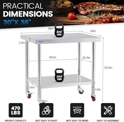 KUARBARR Stainless Steel Table for Prep & Work with 4 Caster Wheels with Undershelf 30 x 36 NSF Metal Commercial Kitchen Adjustable Under Shelf Worktable for Restaurant Home Outdoor - Image 3