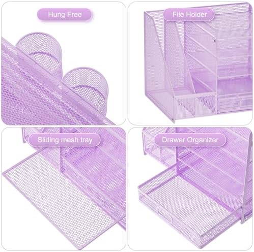 Marbrasse Desk Organizer with File Holder, 5-Tier Paper Letter Tray Organizer with Drawer and 2 Pen Holder, Mesh Desktop Organizer and Storage with Magazine Holder for Office Supplies(Purple) - Image 4