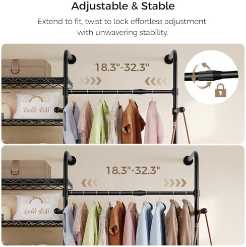 Closet Organizers and Storage, 3-Row Heavy Duty Garment Rack Clothes Rack for Hanging Clothes, Wall Mounted Closet System with 4 Telescopic Rods, 4 Hooks, 6 Shelves for Wardrobe, Bedroom, Small Space - Image 4