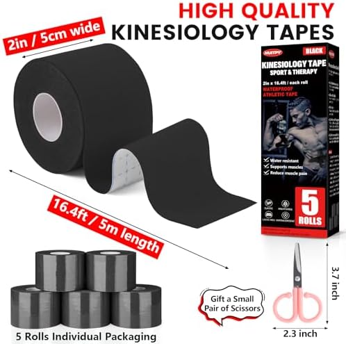 5 Rolls Black Kinesiology Tape, 2 inch x 16.4 Feet Kinetic Tape - Image 2