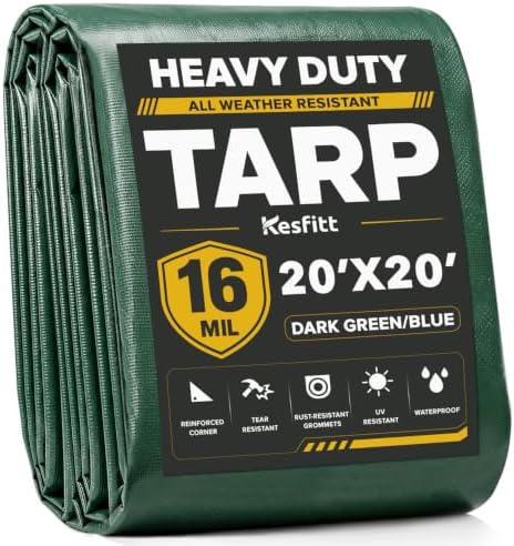 Kesfitt 16 Mil Heavy Duty Waterproof Tarp, 20x20 FT, Dark Green & Blue by Kesfitt