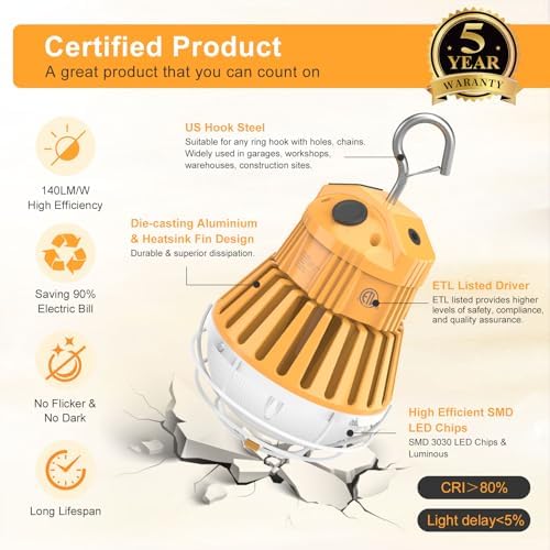 LED Temporary Work Light 100W 5000K Portable Hanging Construction Lights, 10' Cable with ON/Off Switch Linkable LED Work Light for Job Site Warehouse Garage Shop Area Lighting - Image 4