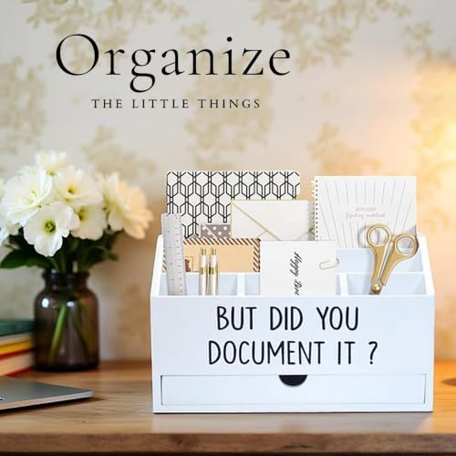 EXQUIDECA Wooden White Rustic Countertop Mail Storage Holder with Drawer and Compartments - Office Desk Accessories and Workspace Organizers - Desktop Sorter for Pen Stationery Letter Files Documents - Image 4