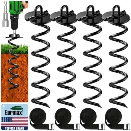 Eurmax USA 4-Pack Spiral Ground Stakes,Anti-Rust High Wind Trampoline Stakes Anchors,Heavy Duty Screw-in Anchor Kit with Tie Down Straps for Dog Tie-Out,Trampoline,Tents,Tarps,Carports and More,Black by Eurmax