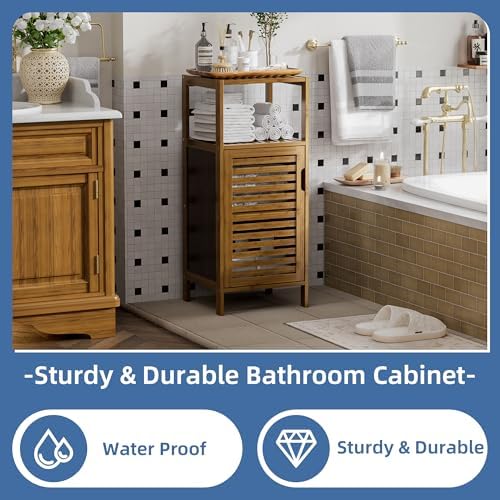 HITNET Bathroom Cabinet, Bamboo Floor Cabinet Free Standing, 4 Tier Sofa Side Storage Cupboard for Living Room Kitchen Entryway, Walnut - Image 5