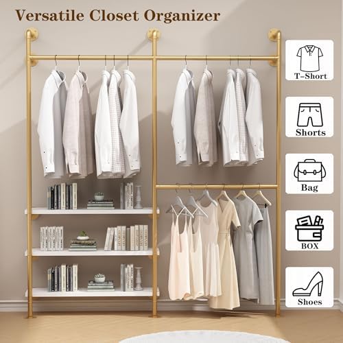HOMEKAYT Industrial Pipe Clothes Rack with Shelves, Gold Clothing Rack Wall Mounted Heavy Duty Multi-Purpose Storage Clothes Hanging Shelf - 70.8''L Gold - Image 3