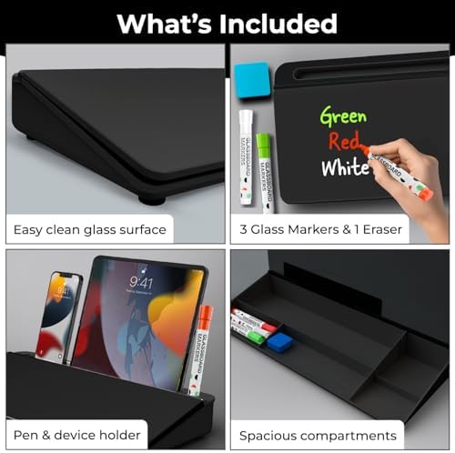 Chalkola Black Glass Desktop Whiteboard with Storage - Desk Organizer Buddy - Image 3