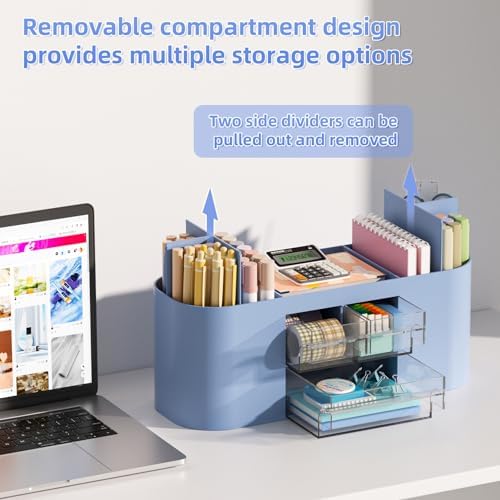 Marbrasse Desk Organizer Pen Holder for Desk with 3 Drawers, Multi-Functional Pencil Holder, Desk Organizers and Accessories with 7 Compartments for Home, School, Classroom(Blue) - Image 2