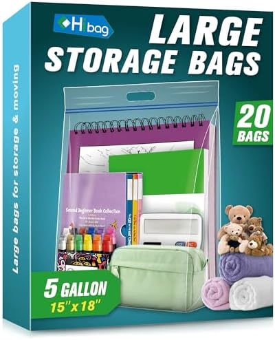 HIBAG 5 Gallon Large Storage Bags, 15” x 18” Resealable Clear Bags with Handle, Extra Large XL Heavy Duty for Clothes Pillow Travel Moving, Pack of 20 by HIBAG