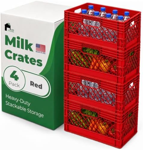EconoHome Milk Crate - Stackable Storage Crate with Built-In Handles - Heavy Duty Plastic Material - Ventilated Organizer Bin for Garage, Pantry, Classroom, Office & Moving - Red, 19x13x11, 4-Pack by EconoHome