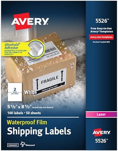 Avery Durable Waterproof Shipping Labels with Sure Feed Technology, 5.5" x 8.5", White, Laser Compatible, 100 Blank Labels Total, Great for Mailing, Branding, and More (5526) by Avery