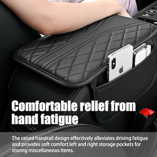 Car Center Console Cover with 2 Storage Bags, Leather Armrest Pad, Black - Image 4