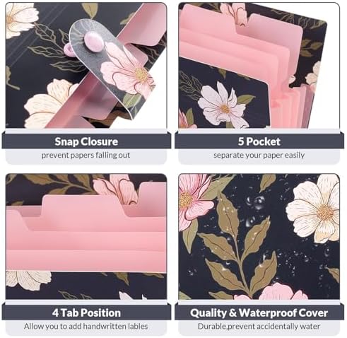 SKYDUE Accordion File Organizer, Floral Expanding File Folders with 5 Pockets, Cute Document Organizer for Paper Bills Receipt Storage, School Office & Hospital Supplies Letter/A4 Size Navy Blue - Image 3