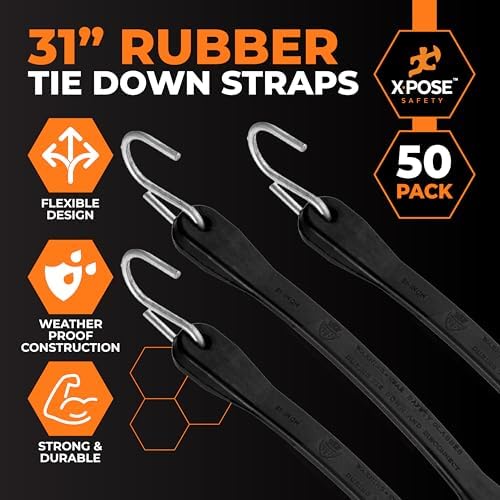 Rubber Bungee Cords with Hooks 50 Pack 31 Inch (47” Max Stretch) Heavy-Duty Black Tie Down Straps for Outdoor, Tarp Covers, Canvas Canopies, Motorcycle, and Cargo - by Xpose Safety - Image 3