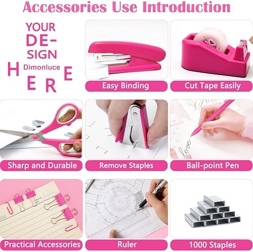 Dimonluce Hot Pink Desk Accessories, Hot Pink Office Supplies Accessories with Tape Dispenser, Stapler, Staple Remover, 1000 Staples, Tape, Clips Set, Ruler, Scissor, Pen - Image 2