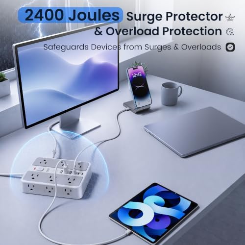 12-Outlet Power Strip with 2400J Surge Protector, 6 USB(3 USB C) &10FT Cord - Image 3