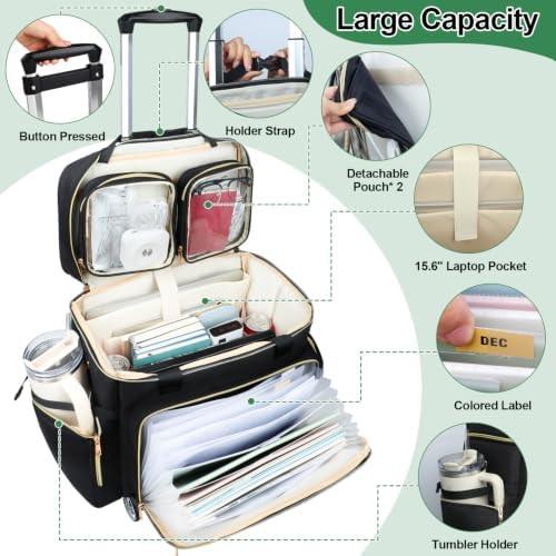 SIYNPAV 5-Wheeled Rolling Teacher Bag with Detachable Trolley, 15.6 Inch Laptop Sleeve & Accordion File Organizer, Large Capacity Teacher Tote with Cup Holder for School Office, Black - Image 2