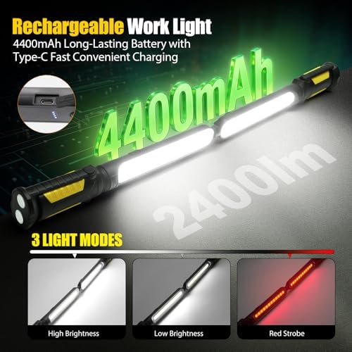 SYLSTAR Work Light for Mechanic, 2400LM LED, 4400mAh Rechargeable, Magnetic, Underhood Work Light with Hooks for Car Repairing, Job site, Garage, Workshop, Emergency(Yellow) - Image 4