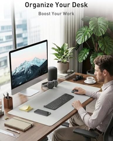 Aothia Faux Leather Desk Mat - Non-Slip PU Leather Desk Blotter, Waterproof Writing Surface, Large Desk Pad for Office & Home (Barely Grey, 55" x 17") - Image 3