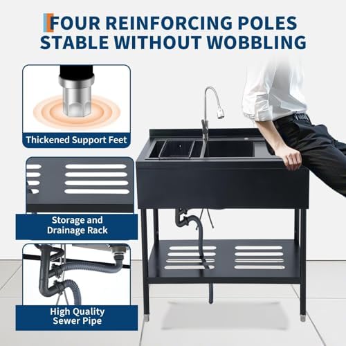GarveeTech 47.2" Stainless Steel Commercial Utility Sink with Double Bowls & Drainboard, Freestanding Laundry Wash Station with Hot/Cold Faucet, Shelf & Drain Kit for Garage Outdoor Kitchen - Image 5