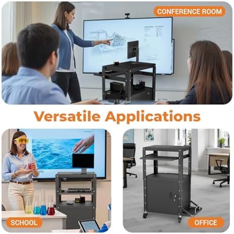 Mobile AV Cart with Side Shelves, Rolling Computer Cart Height Adjustable Rolling Media Utility Cart with Pullout Keyboard Tray Extra Storage Space, 4 Outlets, Perfect for Home or Office Use - Image 6