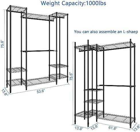 Garment Rack Heavy Duty Clothes Rack for Hanging Clothes,Metal Garment Rack,Freestanding Clothing Rack,Adjustable Custom Closet Rack,54" L x 13.8" W x 75.8" H, Max Load 750LBS,Black - Image 5