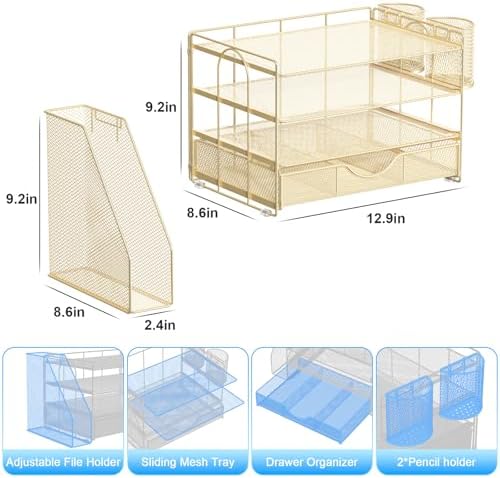 gianotter Desk Organizers and Accessories with File Holder, 4-Tier Desk Accessories & Workspace Organizers with Drawer and 2 Pen Holder, Paper Organizer for Office Supplies(Gold) - Image 5