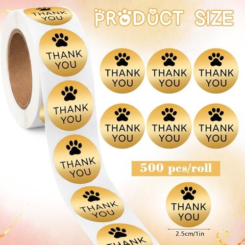 500 Pcs Thank You Dog Stickers Dog Paw Print Thank You Stickers for Shipping Mailers, Bags, Boxes, Tags, Greeting Cards, Present for Sealing and Decoration(Gold) - Image 2