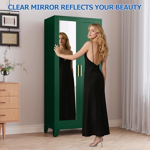 GAIOUS Metal Wardrobe Cabinet with Mirror and Hanging Rod, 71" Green - Image 3
