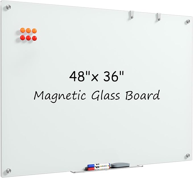 MaxGear Glass White Board 48x36 Inches, Wall Mounted Magnetic Glass Dry Erase by MaxGear