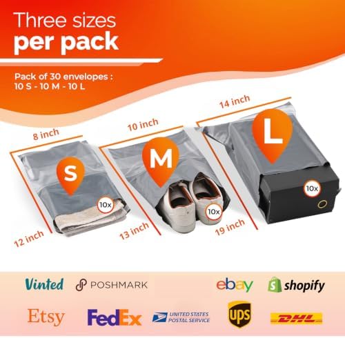 Poly Mailers Shipping Bags (30 Pack) — Self-Seal Plastic Mailing Envelopes, 3 Sizes incl. 8x12, poly mailers 10x13 & 14x19 — Tear & Water-Resistant Plastic Shipping Bags for Clothing Not Padded, Grey - Image 2