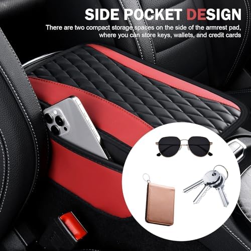 Car Center Console Cover, Upgraded Patchwork Leather Arm Rest Cover with Side Storage Pockets, Comfortable Auto Armrest Protector Cushion, Universal Middle Console Pad for SUV, Sedan (Red) - Image 6