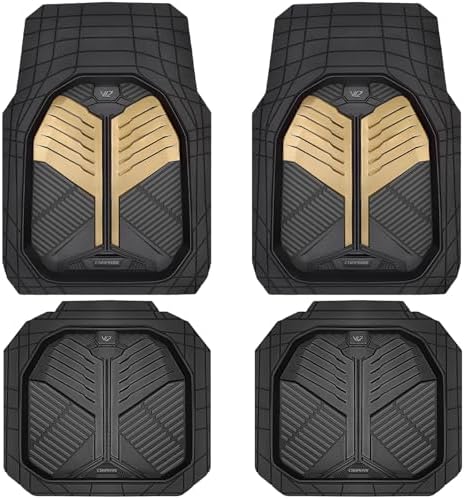 CAR PASS Heavy Duty Rubber Car Mats, Deep Dish Car Floor Mats All Weather, Car Mats Full Set 4-Piece Trim to Fit for Sedans SUVs Trucks, Waterproof Anti-Slip Automotive Mats, V12 Black Champagne Gold by CARPASS