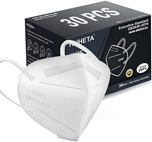 HUHETA KN95 Face Masks, 30 Packs Individually Wrapped, 5-Ply Breathable & Comfortable Safety Mask, Filter Efficiency=95%, Protective Cup Dust Masks Against PM2.5 (White Mask) by HUHETA