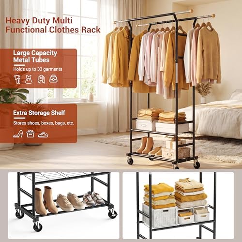Clothes Rack with 3-Level Height Adjustment - Double Rod Extendable Hanging Rails with Wooden Finials, Luxury 2-Tier Metal Storage Shelves - Sturdy Wardrobe Rack for Closet, Bedroom or Laundry - Image 2