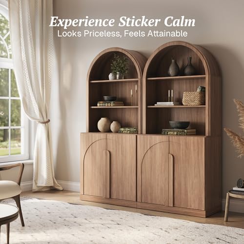 BELLEZE Arched Bookshelf with Storage Set of 2, 71" Tall Wood Curio Display Cabinet with Adjustable Shelf, 5 Tier Modern Bookcase Shelf with Door for Living Room Office, Camel - Image 4